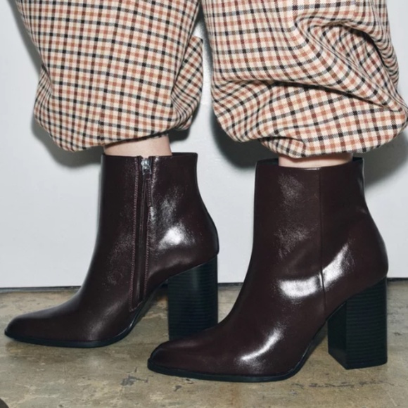 Zara Burgundy Wide Heel Ankle Boots - Picture 2 of 7